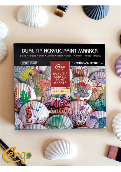 Çift Taraflı Akrilik Marker İşaretliyici Kalem 12 Renk 3 Siyah+2 Mavi+ 1 Kırmızı+ 1 Yeşil
