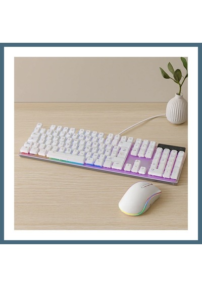 Agc Uygun Sepet Usb Kablolu Oyuncu Klavye Ve Mouse Seti - Beyaz Rgb Agc