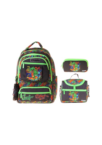 Kaukko Kids Street Siyah - Yeşil Renk Erkek Çocuk Üçlü İlkokul Okul Çantası Seti/takımı - Setkk-l5414a Çok Renkli