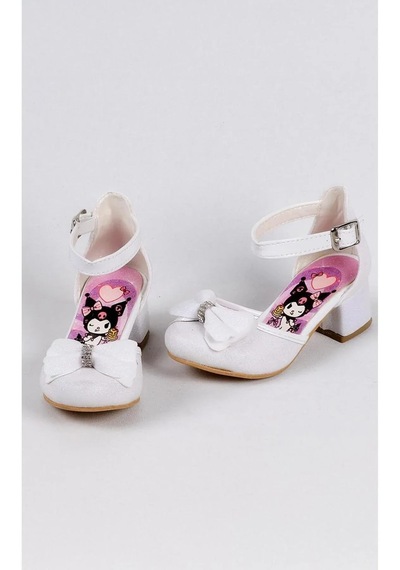 Nese Shoes Kız Çocuk Karakter Baskılı Topuklu Ayakkabı, Simli Fiyonklu Abiye Ayakkabı Ekru