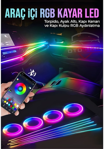 18 Parça Araç İçi Rgb Kayar Led Aydınlatma Torpido, Ayak Altı, Kapı Kenarı Ve Kapı Kolu Ambiyans Işık Seti
