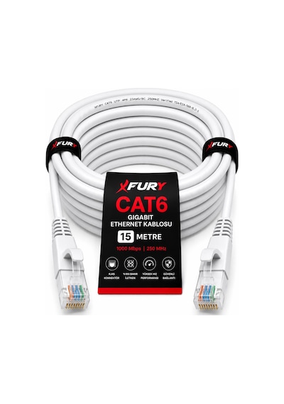 Fury Cat6 Ethernet Kablosu 15 Metre Rj45 Lan İnternet Modem Router Bilgisayar Kablosu