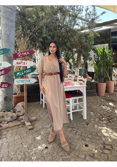 WeShaya Bej Kruvaze Midi Düz Kemerli Elbise Bej