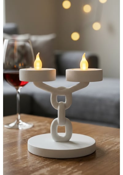 Dekoratif Zincir 2 Li Mumluk Tealight Mum Dahil Modern Masa Üstü Mumluk 15 Cm