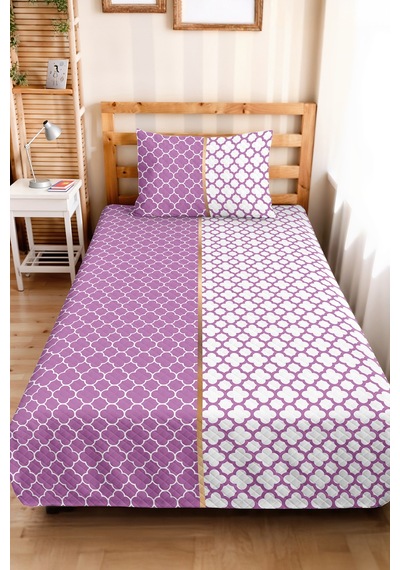 Mor Geometrik Dekoratif Pike Takımı - Lila Beyaz Kapitone Yatak Örtüsü Seti Tek Kişilik 160x220 Cm Kadife Koru Havası