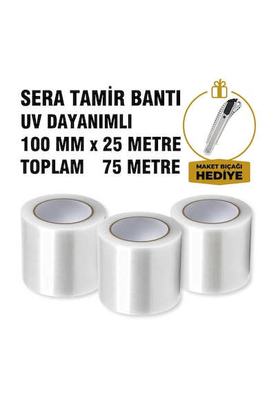Uv Dayanımlı Şeffaf Pe Sera Tamir Bandı 100 Mm 25 Mt 3 Lü Set Toplam 75 Mt, Maket Bıçağı Hediyeli