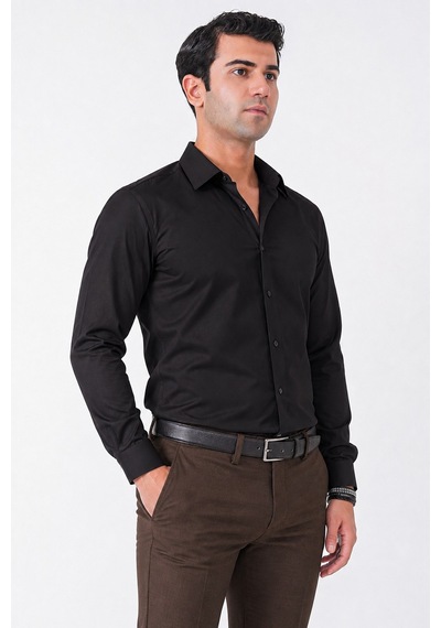 Siyah %100 Pamuklu Nefes Alabilir Kolay Ütülenebilir Uzun Kollu Slim Fit Gömlek Gk 766
