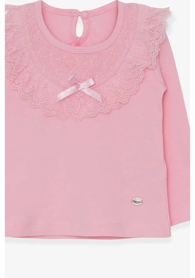 Breeze Kız Çocuk Uzun Kollu Tişört Fiyonklu Güpürlü 1.5-5 Yaş, Pudra