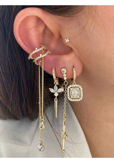 Pinery Jewels Baget Ve Zirkon Taşlı 3'lü Altın Kaplama Kadın Küpe Seti Altın