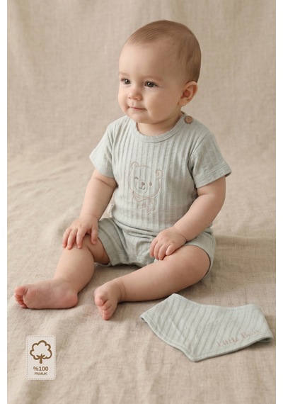 Minory Baby - %100 Pamuk Müslin Bebek Tulum Seti Ayı Nakışlı Fular Önlüklü Gri Gri