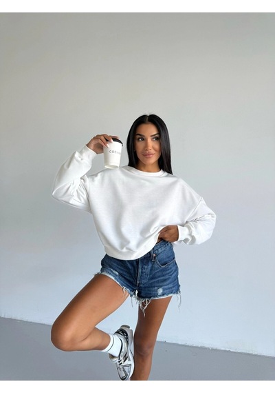 Kadın Beyaz Bisiklet Yaka 2 İplik Sweatshirt Hzl25w-fry123391 Beyaz
