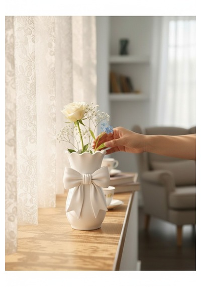 Modern Beyaz Dekoratif Vazo 22 Cm Kurdele Detaylı Şık Tasarım Beyaz