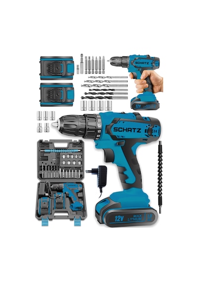 Schatz Pro 12v 1.5 Ah Darbeli Çelik Şanzıman Çift Akülü Bakır Sargılı Şarjlı Vidalama Matkap 24 Parça Mavi -