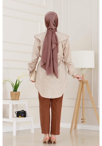 Sevitli Beli Bağcık Detaylı Geniş Yaka Tunik-vizon-4987 Vizon