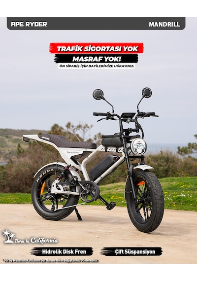 Ape Ryder Mandrıll Ultra 1000w Elektrikli Bisiklet Ayna Çanta Ve El Gazı Gri