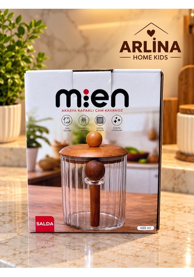 650 Ml Akasya Kapaklı Kaşıklı Cam Kavanoz Şeffat Cam - Akasya Ahşap Kapak