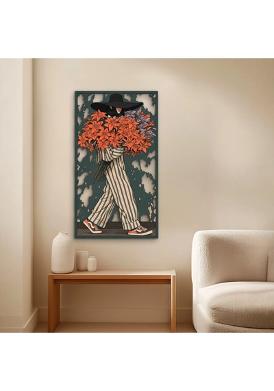 Çiçek Kucaklayan Şapkalı Kadın - Metal Tablo - Dec0388 71 X 125 Cm Çok Renkli