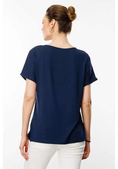 Desen Triko Kadın Sıfır Yaka Önü Cepli Penye T-shirt 25830 Lacivert Lacivert