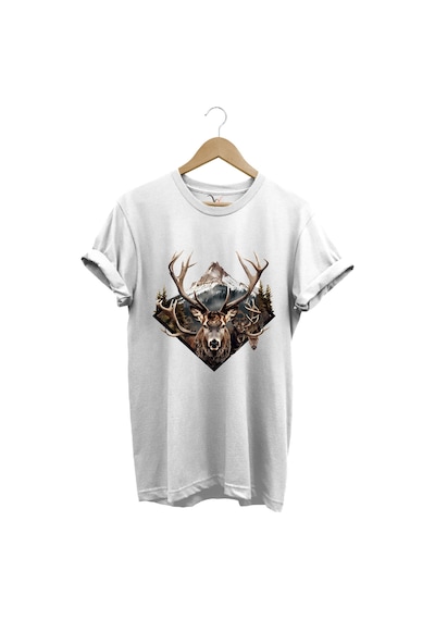 Avcılık Geyik Avı Dağ Doğa Baskılı Minimal Regular Fit %100 Pamuk Beyaz T-shirt Beyaz