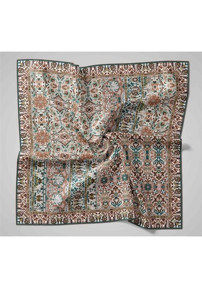 Silk Home Twill İpek Eşarp Petrol Yeşili Krem Desenli Tok Duruşlu Kaymaz 90x90 Çok Renkli