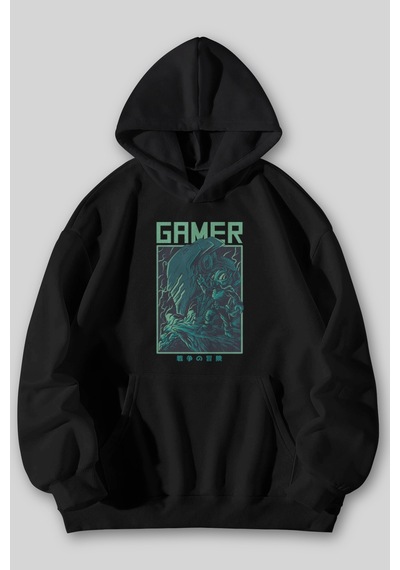 Harmandar Gamer Baskılı Unisex Siyah Gri Kanguru Cepli Kapüşonlu Sweatshirt Hoodie Siyah