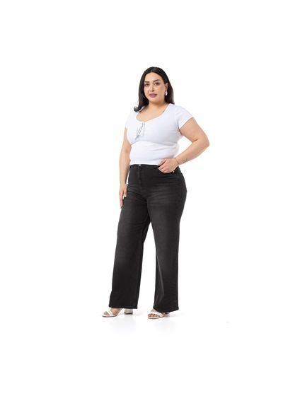 Disentis Büyük Beden Yüksek Bel Geniş Paça Siyah Denim Pantolon-siyah Siyah