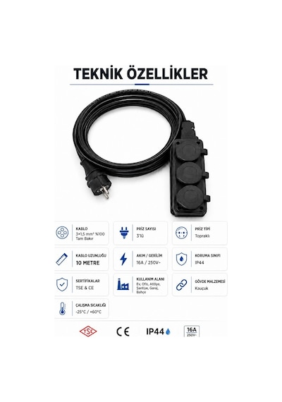Öznur Kablo Seyyar Uzatma Kablosu 10 Metre Ttr 3x1,5 Mm %100 Tam Bakır Kablo Seldur 3'lü Kauçuk Grup Priz Orel Kauçuk Fiş Ip54 Ip44 10 M