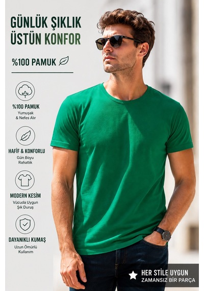 Luxıc Core Erkek Slim Fit Yeşil Bisiklet Yaka Pamuk Penye Günlük Rahat Basic Tişört