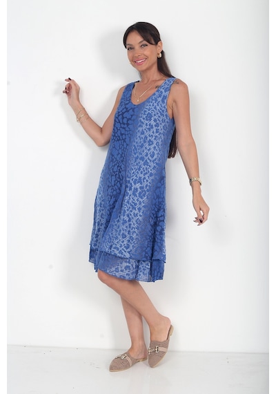 By Saygı Kadın İtalyan Cotton Leopar Desenli Astarlı Sıfır Kol Midi Elbise Saks