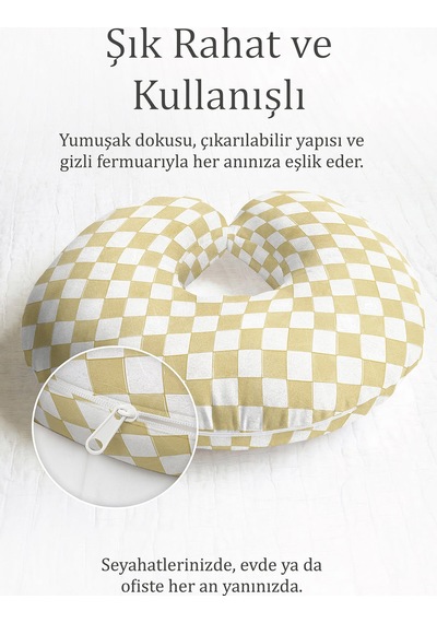 Kare Desenli Ergonomik Boyun Yastığı - Modern Sarı Beyaz Yumuşak Seyahat Yastığı Koyu Taş Bej