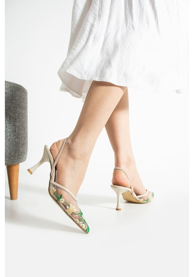 Lebibe Shoes Daısy Çiçek İşlemeli Tül Dokulu 7cm Bantlı Bej Topuklu Ayakkabı