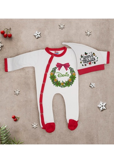 Bk Kids Bk Gift Kişiye Özel Yılbaşı Temalı Tulum Zıbın Ve Kukuletalı Şapka Seti-9 Çok Renkli