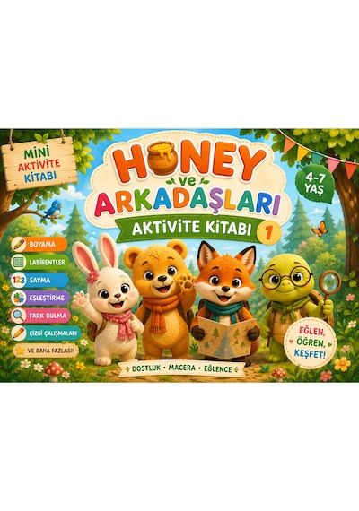 Papelia Honey Ve Arkadaşları Aktivite Kitabı 1 4-7 Yaş Çocuklar Için Eğitici Aktivite, Labirent, Sayma, Eşleştirme Ve Dikkat Kitabı