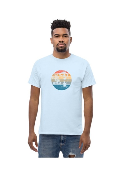 Wildstyle Retro Balık Gün Batımı Vintage Balıkçılık Deniz Baskılı Unisex Bisiklet Yaka Pamuklu Tişört Bebek Mavisi