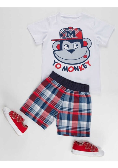 Denokids Monkey Ekose Erkek Çocuk Şort Takım-beyaz Beyaz
