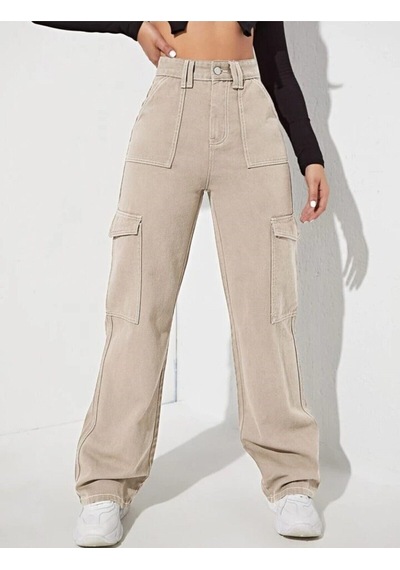 2090 Kadın Likrasız Kargo Cepli Bol Paça Jeans Kot Denim Pantolon Bej