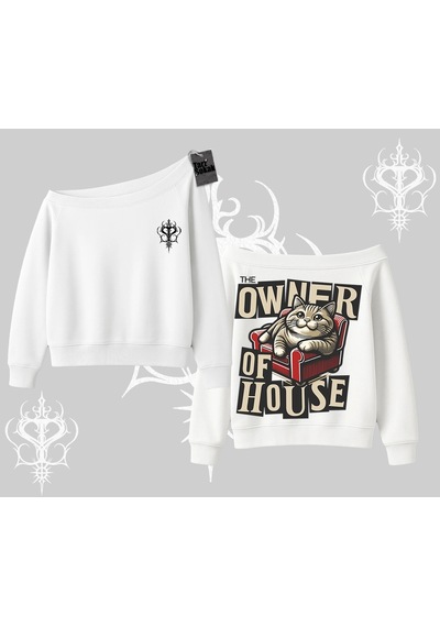 Startmore The Owner Of House Kedi Arka Baskılı Kayık Yaka Sweatshirt Beyaz