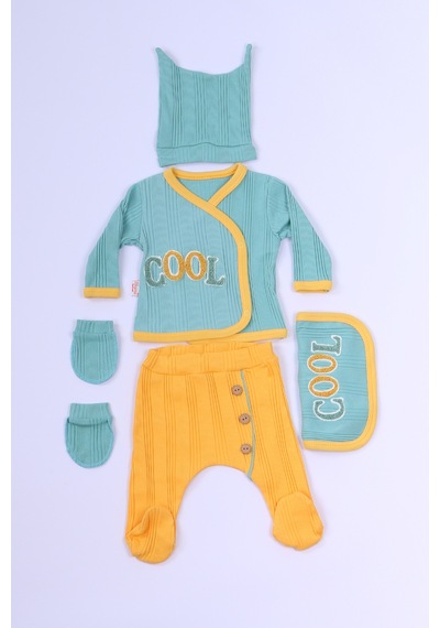 Hçm Bebek 5 Li Set Takım Baskılı Şapka Eldiven Önlüklü B73 Hcm00157 Su Yeşili