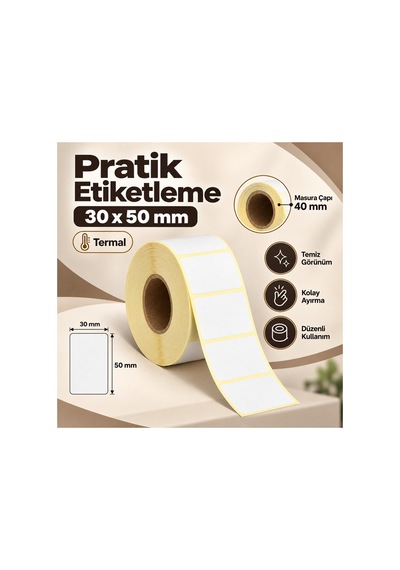 30x50 Rulo Ribonsuz Termal Barkod Etiketi 40 Mm Masura 1000 Sarım 50