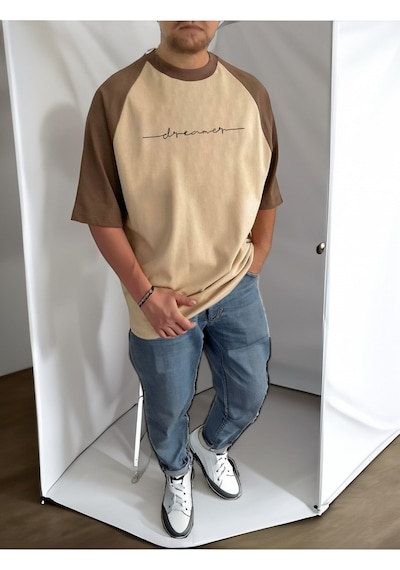 Startmore Oversize Erkek Dreamer Baskılı Bisiklet Yaka T-shirt Bej