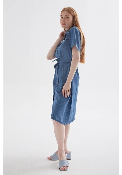 Fashion Friends Kısa Kollu Kemerli Midi Denim Elbise Elbise 24y0108k1 Mavi