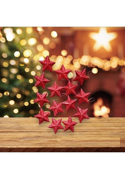 Vıp 13 Adet Simli Kırmızı Yıldız Süs Kırmızı Yıldız Noel Ağacı Süsleri Yılbaşı Ağacı Süsleri 7 Cm