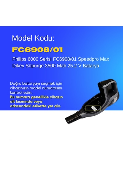 Philips 6000 Serisi Fc6908/01 Speedpro Max Dikey Süpürge 3500 Mah 25.2 V Batarya  Uyumlu Uzun Ömürlü, Maksimum Performans Pil