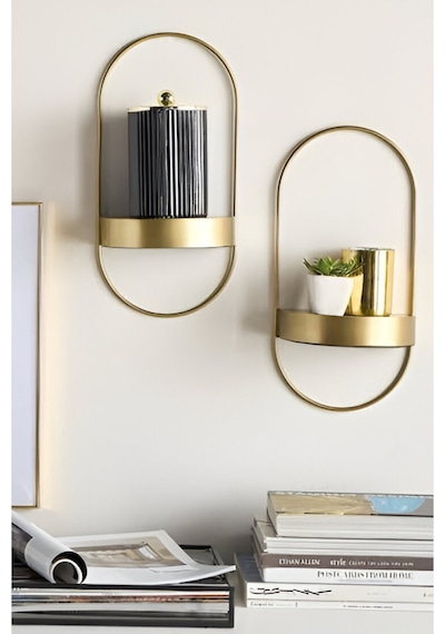 Gold 2 Adet Yeni Dekor Duvar Rafı - Modern Dekoratif - Chakra Konsept - Duvar Rafı Gold