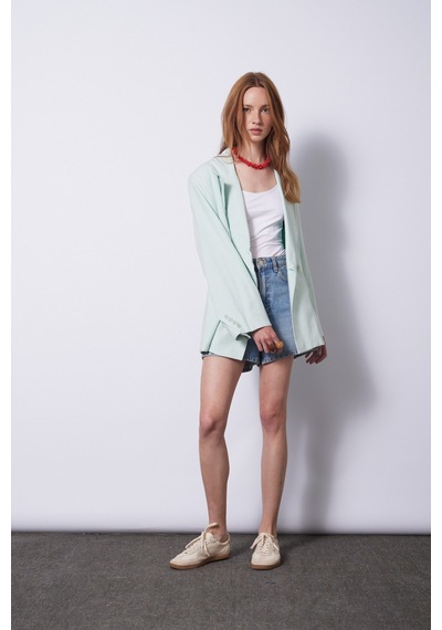 Keten Karışımlı Kuşaklı Blazer Ceket Mint