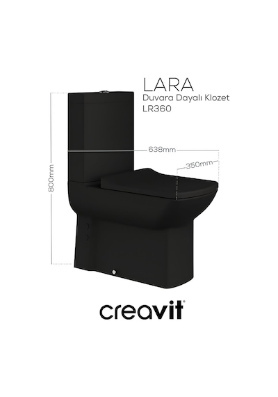 Creavit Lara Kanallı Kömür Karası Duvara Sıfır Klozet Takımı Lr360, Creavit Lara Duroplast Yavaş Kapak Mat Siyah