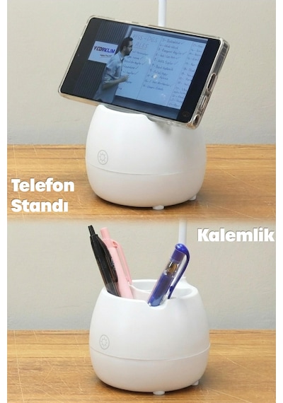 Şarjlı Masa Lambası Işık Ayarlanabilir Kalemlik Telefon Stand Ders Çalışma Okuma Işığı 0620 Beyaz Beyaz