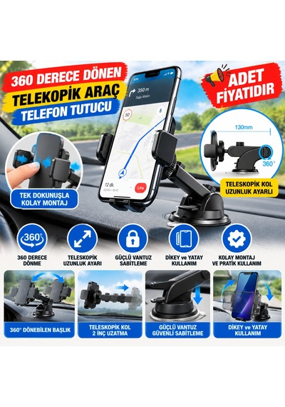 Kahveci.store 360 Derece Dönen Torpido Üstü Uzunluk Ayarlamalı Vantuzlu Teleskopik Araç Telefon Tutucu Adet Fiyatıdır 22 Standart