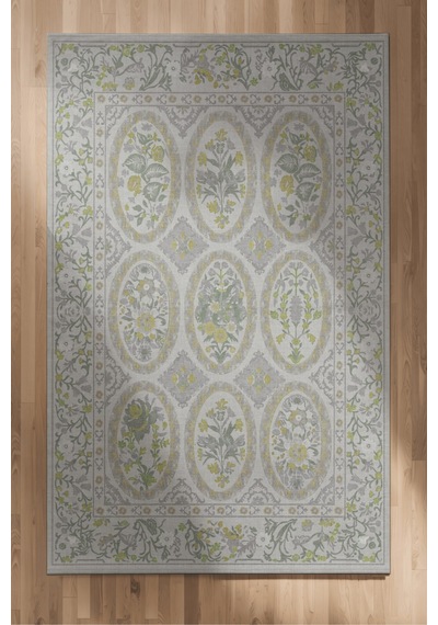 Floris 236 Gri Yeşil Çiçekli Bordürlü Eskitme Desenli Dokuma Şönil Bohem Vintage Oda Halısı