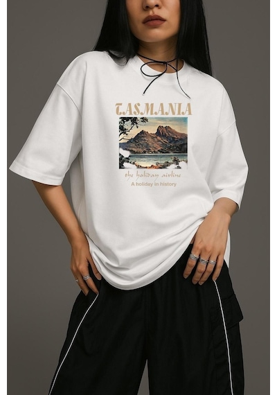 Tasmania Baskılı Unisex Oversize Tişört BEYAZ